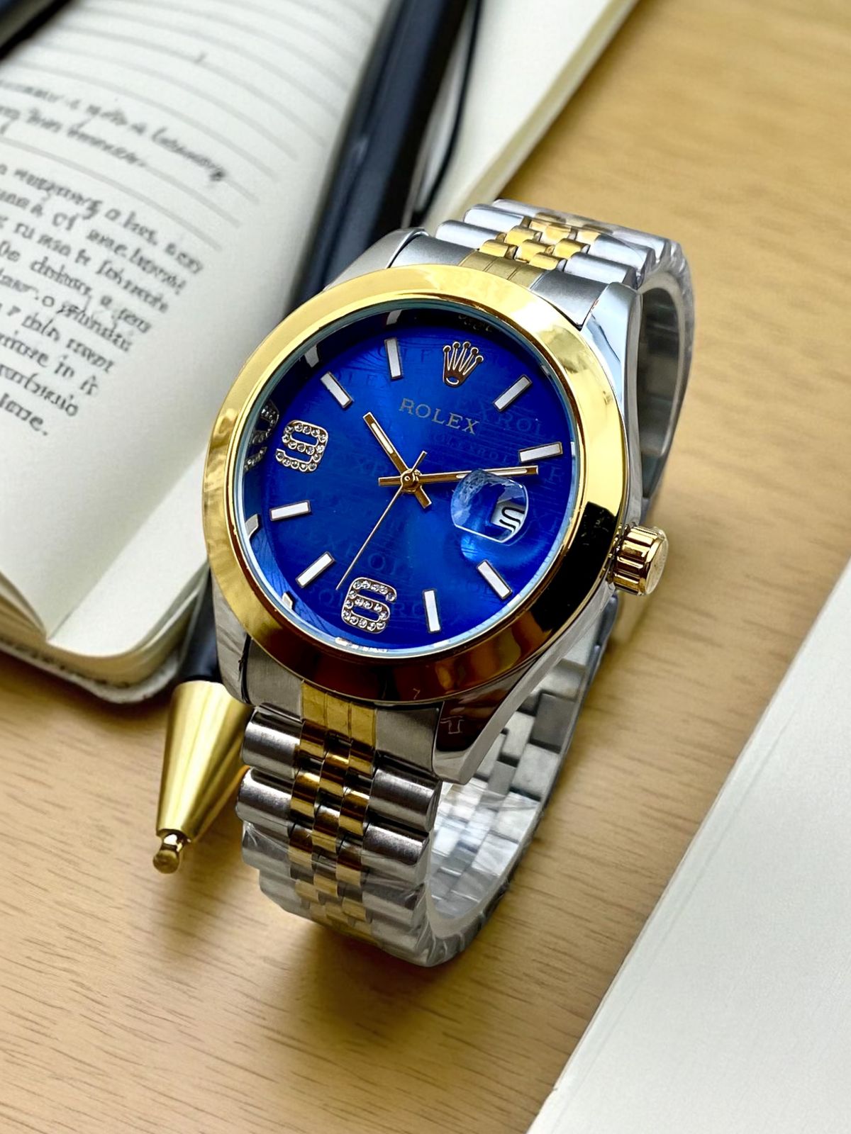 RLX FONT & DATE - SILVER GOLDEN & BLUE (PLAIN BEZEL) - IW_378668-10